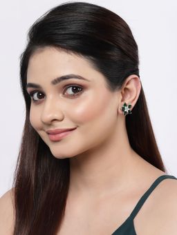 ZENEME - Rhodium-Plated Silver Green Crystal Ad Studded Floral Shaped Stud Earrings for Women