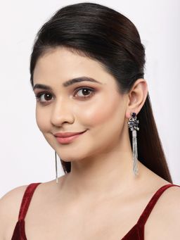 ZENEME - Silver Plated Brass Contemporary American Diamond Shoulder Duster Earrings for Women