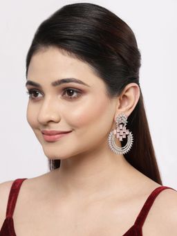 ZENEME - Rhodium Plated Silver Brass & Pink American Diamond Dangle Drop Earring for Women