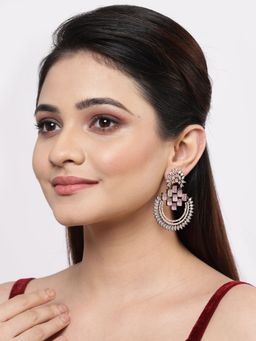 ZENEME - Rose Gold Plated Gunmetal Toned Pink American Diamond Dangle Drop Earring for Women