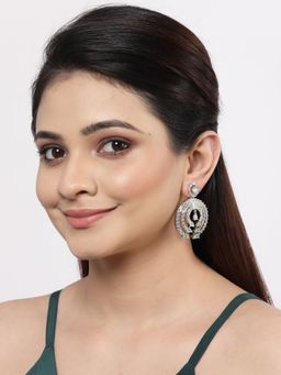 ZENEME - Rhodium Plated Silver Toned Green American Diamond Contemporary Dangler Earrings