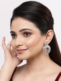 ZENEME - Rhodium Plated Silver Toned Pink American Diamond Contemporary Dangler Earrings