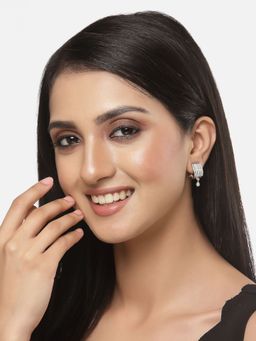 ZENEME - Rhodium Plated Silver Toned American Diamond Studded Stud Earrings for Women