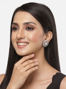 ZENEME - Rhodium Plated Silver Toned White Floral Studs Crystal Earrings for Women