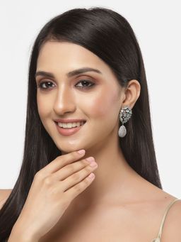 ZENEME - Rhodium Plated Silver Toned Green Crystal Ad Drop Earring for Women