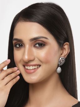 ZENEME - Rhodium Plated Silver Toned White Crystal Ad Drop Earring for Women