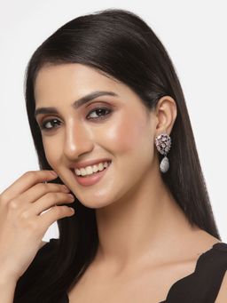 ZENEME - Rhodium Plated Silver Toned Pink Crystal Ad Drop Earring for Women