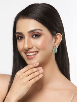 ZENEME - Rhodium-Plated Silver Green American Diamond Studded Paisley Drop Earrings for Women