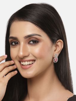 ZENEME - Rhodium-Plated Silver Pink American Diamond Studded Paisley Drop Earrings for Women