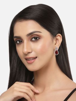 ZENEME - Rhodium-Plated Silver Red American Diamond Studded Paisley Drop Earrings for Women