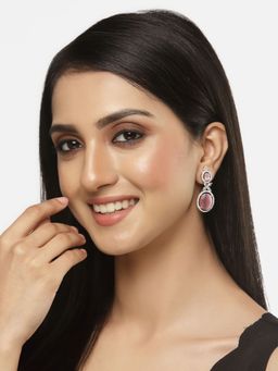 ZENEME - Rhodium-Plated Silver Pink American Diamond Studded Paisley Drop Earrings for Women