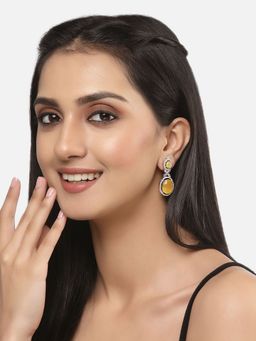 ZENEME - Rhodium-Plated Silver Yellow American Diamond Studded Paisley Drop Earrings for Women