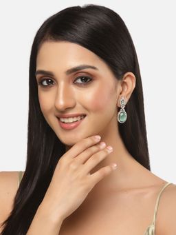 ZENEME - Rhodium-Plated Silver Green American Diamond Studded Paisley Drop Earrings for Women