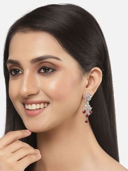 ZENEME - Rhodium-Plated Red American Diamond Studded Spiked Shaped Drop Earrings for Women