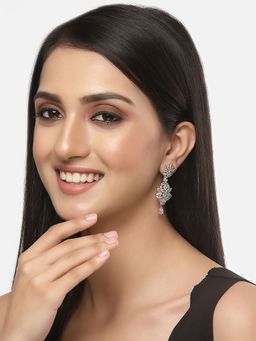 ZENEME - Rhodium-Plated White American Diamond Studded Spiked Shaped Drop Earrings for Women