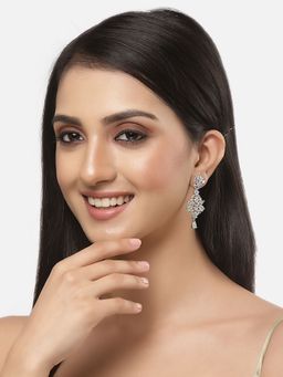 ZENEME - Rhodium-Plated Green American Diamond Studded Spiked Shaped Drop Earrings for Women