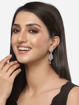 ZENEME - Rhodium-Plated Pink American Diamond Studded Spiked Shaped Drop Earrings for Women