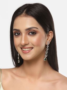 ZENEME - Rhodium-Plated Silver Toned Green American Diamond Long Drop Earrings for Women