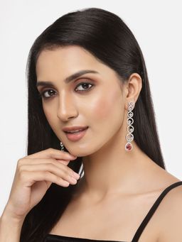 ZENEME - Rhodium-Plated Silver Toned Red American Diamond Long Drop Earrings for Women