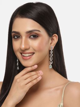 ZENEME - Rhodium-Plated Silver Toned Sea Green American Diamond Long Drop Earrings for Women