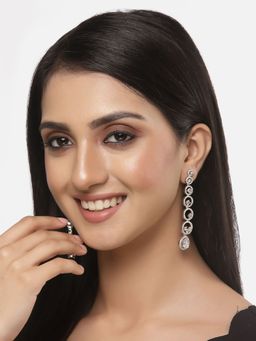 ZENEME - Rhodium-Plated Silver Toned White American Diamond Long Drop Earrings for Women