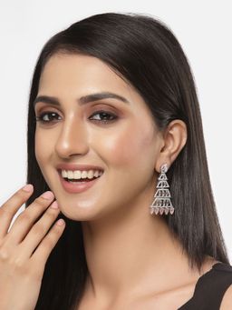ZENEME - Rhodium-Plated Pink Crystal Ad Studded Triangular Shaped Drop Earrings for Women