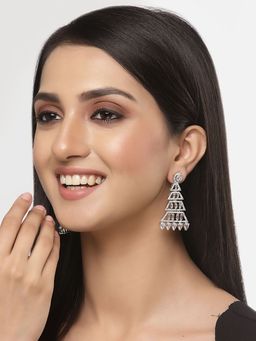 ZENEME - Rhodium-Plated White Crystal Ad Studded Triangular Shaped Drop Earrings for Women
