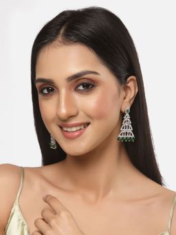 ZENEME - Rhodium-Plated Green Crystal Ad Studded Triangular Shaped Drop Earrings for Women