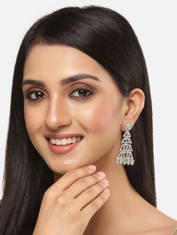 ZENEME - Rhodium-Plated Sea Green Crystal Ad Studded Triangular Shaped Drop Earrings for Women
