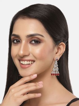 ZENEME - Rhodium-Plated Red Crystal Ad Studded Triangular Shaped Drop Earrings for Women