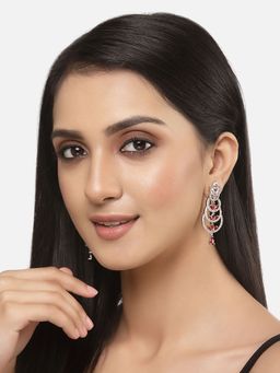 ZENEME - Rhodium-Plated American Diamond Crystal Studded Floral Dangler Earrings for Women