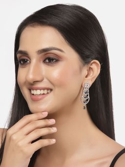 ZENEME - Rhodium-Plated American Diamond Crystal Studded Floral Dangler Earrings for Women