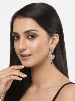 ZENEME - Rhodium-Plated Blue American Diamond Studded Spiked Shaped Drop Earrings for Women