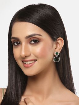 ZENEME - Rhodium-Plated Green American Diamond Studded Square Shaped Drop Earrings for Women