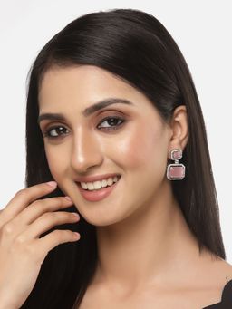 ZENEME - Rhodium-Plated Pink American Diamond Studded Square Shaped Drop Earrings for Women