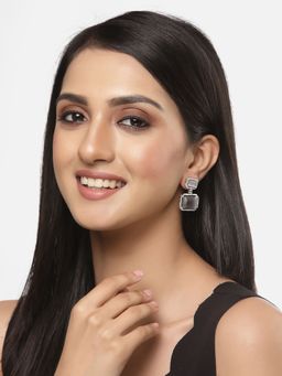 ZENEME - Rhodium-Plated Grey American Diamond Studded Square Shaped Drop Earrings for Women