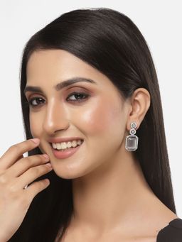 ZENEME - Rhodium-Plated American Diamond Studded Geometric Shaped Drop Earrings