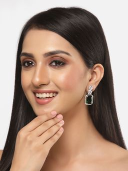 ZENEME - Rhodium-Plated American Diamond Studded Geometric Shaped Drop Earrings