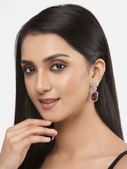 ZENEME - Rhodium-Plated American Diamond Studded Geometric Shaped Drop Earrings