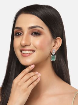 ZENEME - Rhodium-Plated American Diamond Studded Geometric Shape Drop Earrings