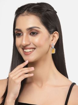 ZENEME - Rhodium-Plated American Diamond Studded Geometric Shaped Drop Earrings