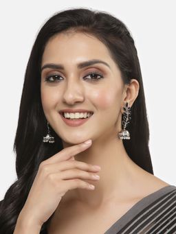 ZENEME - Silver Plated Oxidised Crawler Leaf Shaped Jhumkas Earrings for Women