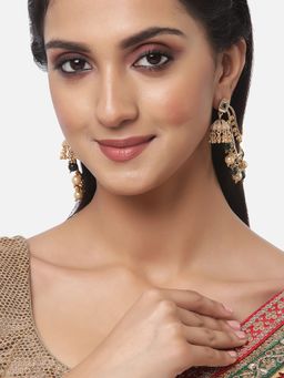 ZENEME - Gold Plated Alloy Green & White Pearl Earrings with Ear Chain for Women