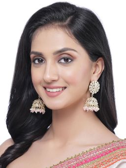 ZENEME - Gold-Plated Pink Enamelled & Pink Pearls Floral Drop Earrings for Women