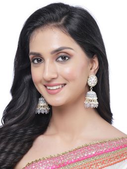 ZENEME - Gold-Plated Pink Enamelled & Grey Pearls Floral Drop Earrings for Women