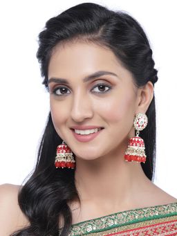 ZENEME - Gold-Plated Red Enamelled & Grey Pearls Floral Drop Earrings for Women