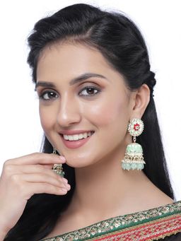 ZENEME - Gold-Plated Blue Enamelled & Blue Pearls Floral Drop Earrings for Women