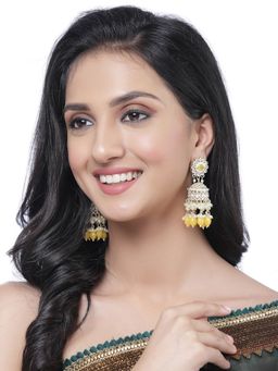 ZENEME - Gold-Plated Kundan Alloy & Yellow Pearls Floral Drop Earrings for Women