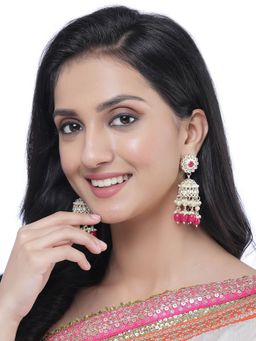 ZENEME - Gold-Plated Kundan Alloy & Red Pearls Floral Drop Earrings for Women