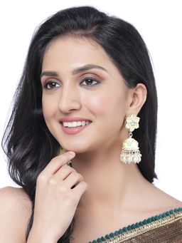 ZENEME - Gold-Plated Yellow Enamelled & White Pearls Floral Drop Earrings for Women